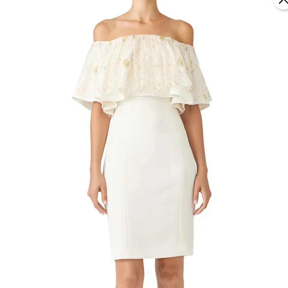 Slate and Willow S4 White and Gold off the shoulder Sheath Dress